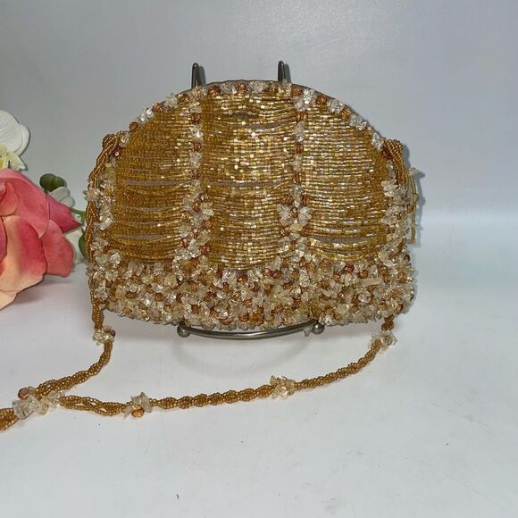 Elegant Mary Frances Gold Beaded Women's Evening Bag Vintage - Picture 1 of 9